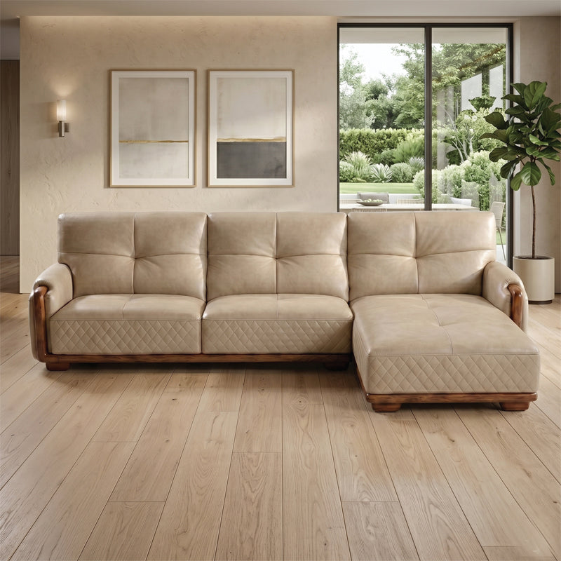 Cream panel tufted couch with wooden arms contemporary sofa design stylish sofa design l shape leatherette