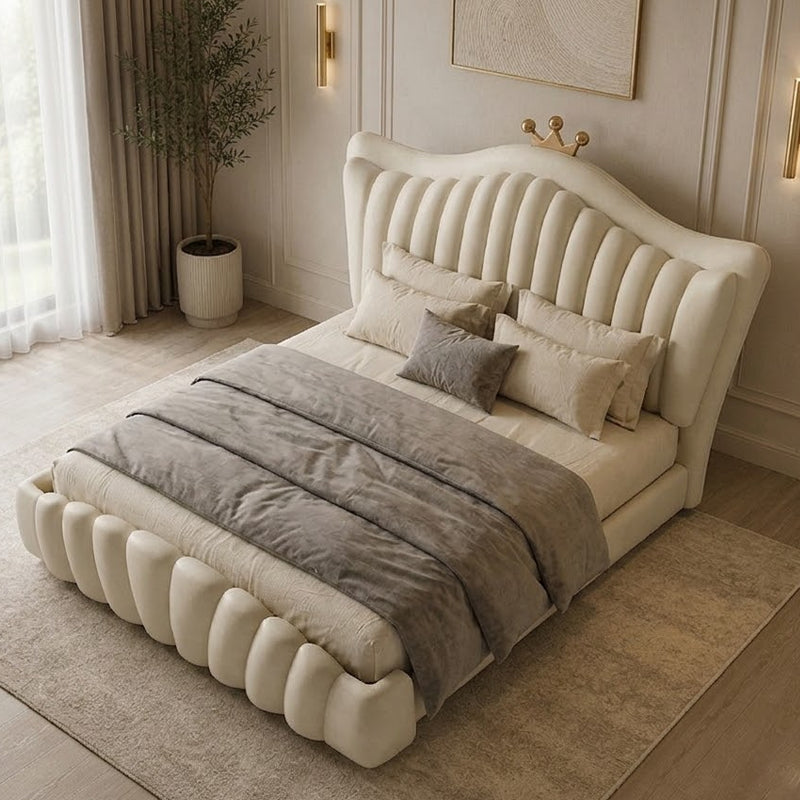 Upholstered master bedroom bed design new bed design with curved headboard cream finish
