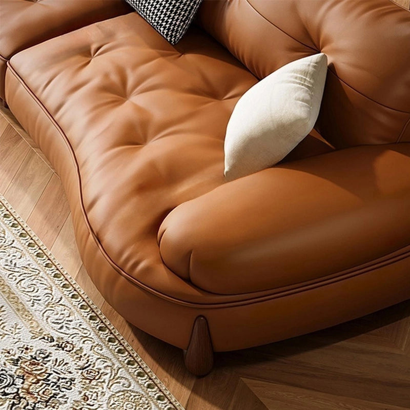 Plush straight layout seating with rounded arms, stylish sofa design, latest sofa design, wooden legs