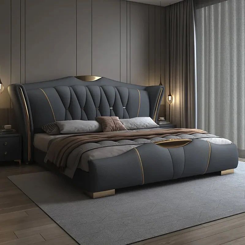 Full side profile showing plush wingback, master bedroom bed design, bed frame