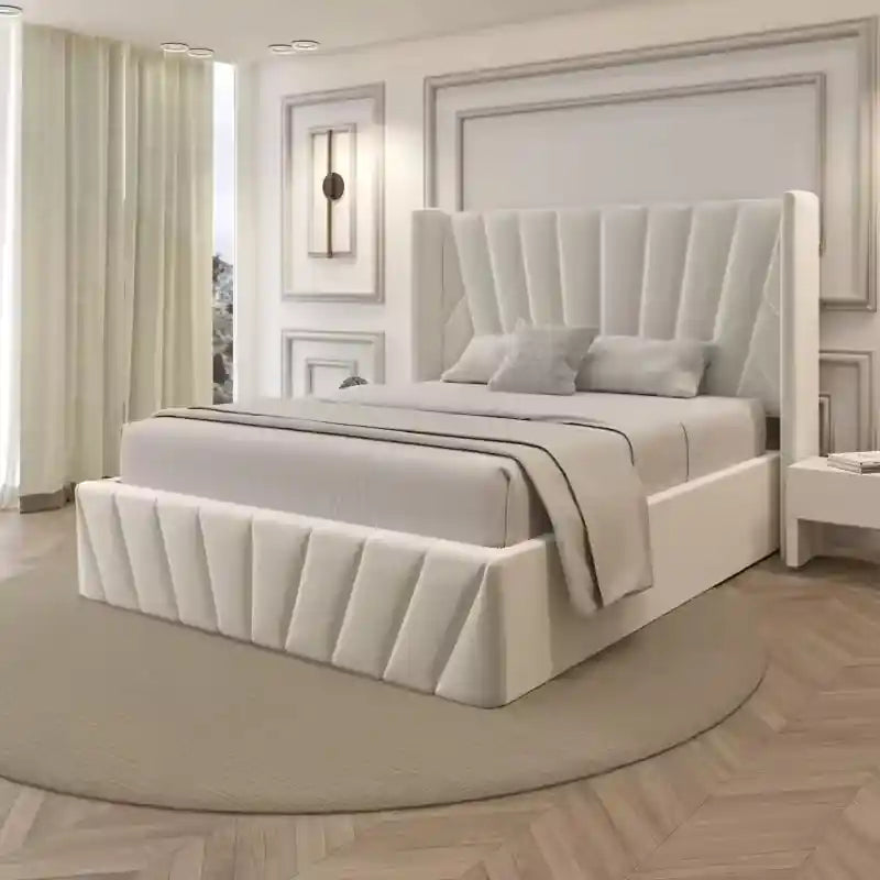 Plush modern bed design bed frame geometric panel cream upholstered bed