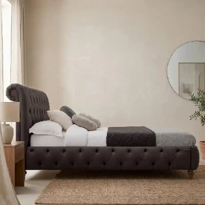 Luxury padded bed frame cot design dark grey fabric upholstered bed