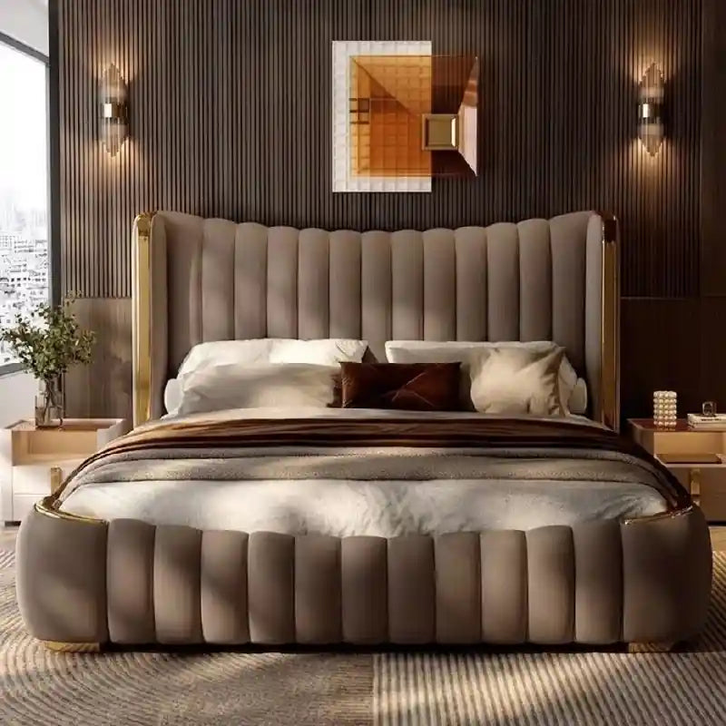 Luxury channelled headboard new bed design bed frame taupe upholstered bed