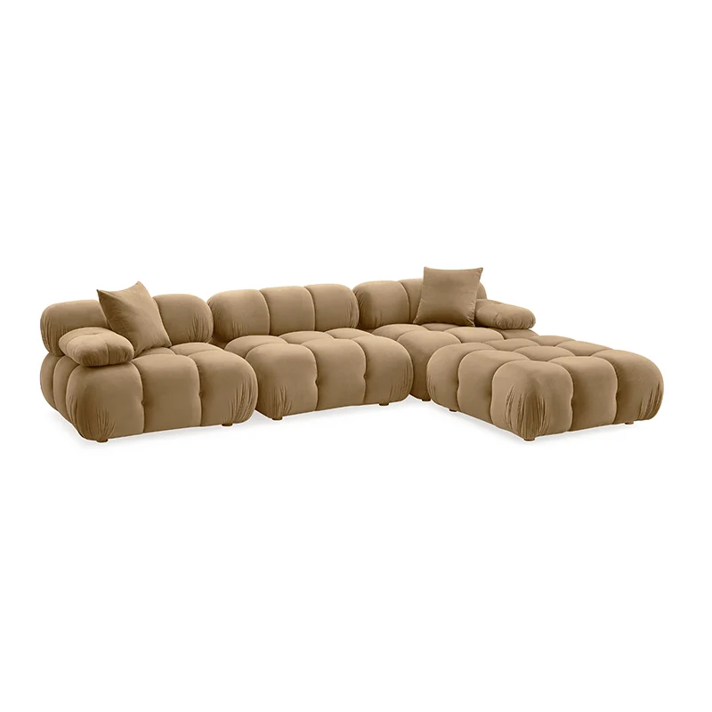This Raelis couch is a sculptural 5 seater with a modular L-shape configuration, tailored for modern Indian living rooms. 