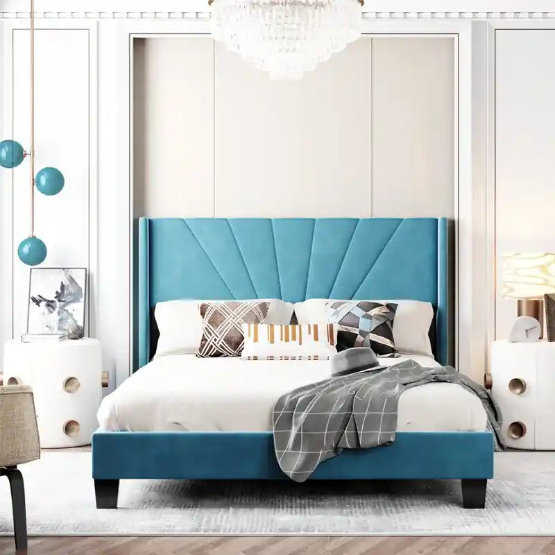 Luxury upholstered frame bed frame modern style bed design teal fabric headboard