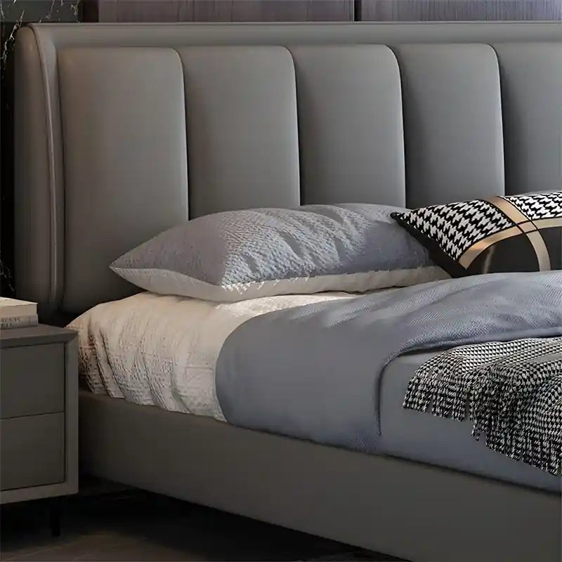 Minimalist grey frame + modern bed design + bed frame + custom bedroom furniture