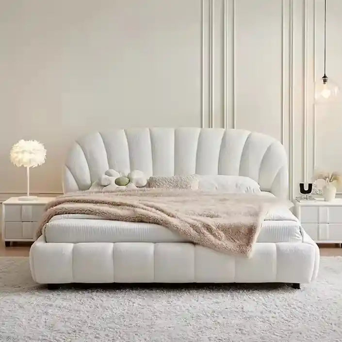 Vertical channel tufted cot bed frame modern style bed design ivory fabric