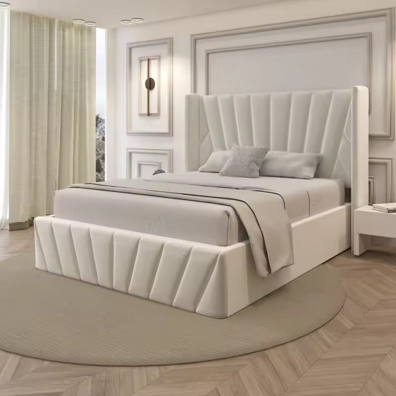 Plush modern bed design bed frame geometric panel cream upholstered bed