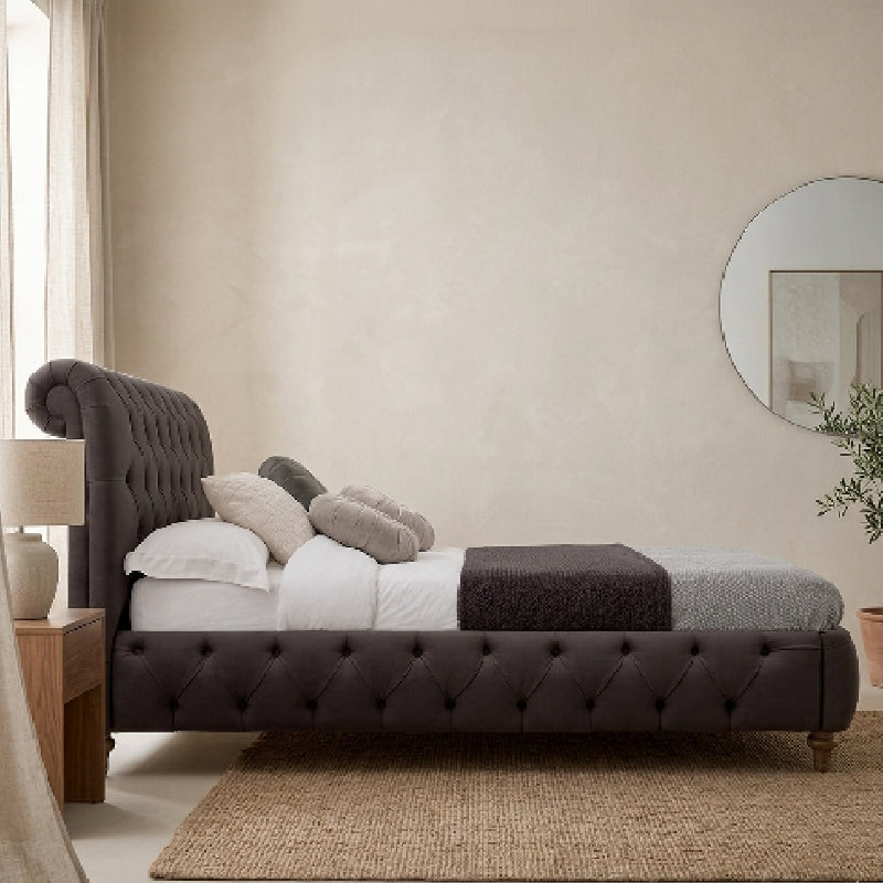 Luxury padded bed frame cot design dark grey fabric upholstered bed
