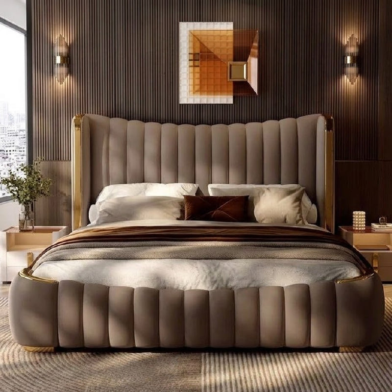 Luxury channelled headboard new bed design bed frame taupe upholstered bed