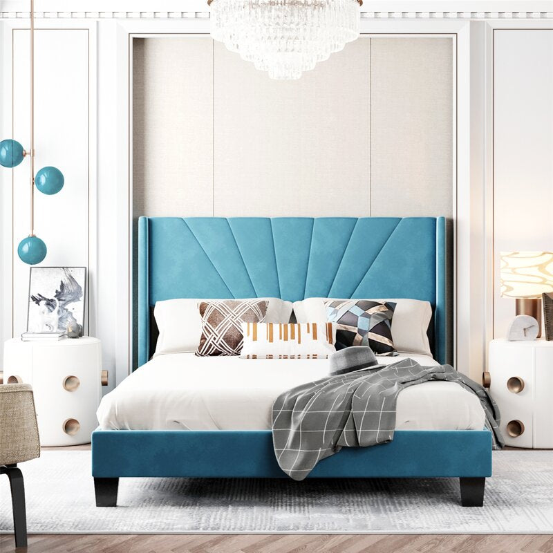 Luxury upholstered frame bed frame modern style bed design teal fabric headboard