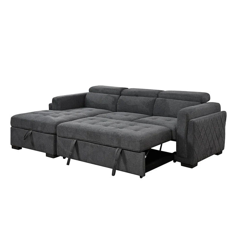 Under-chaise storage detail, sofa come bed, soft upholstery with durable frame