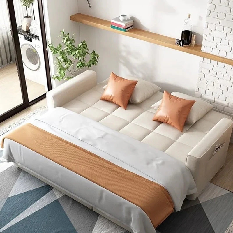 Sofa cum bed in modern setting + sofa come bed + compact layout + black leg supports