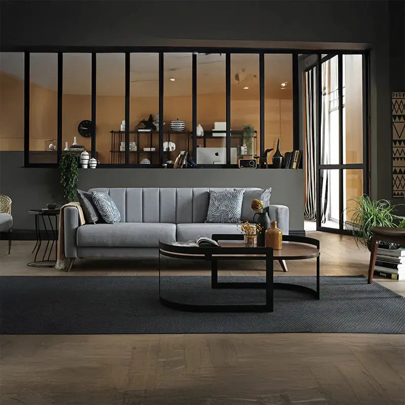 Engineered from neem wood and moisture-resistant plywood, this fabric sofa set is durable and family-ready. 
