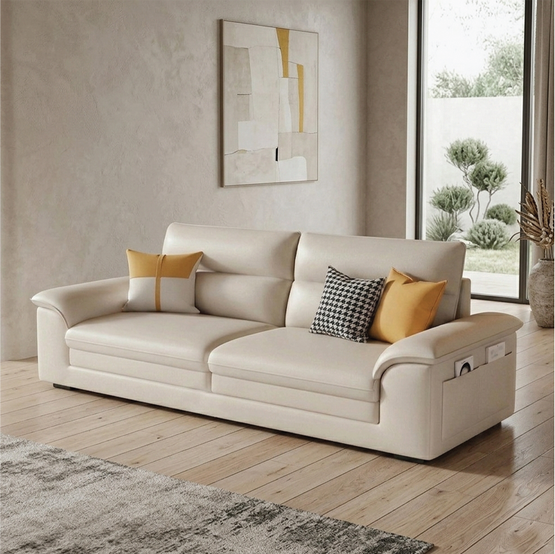 Upholstered in refined cream fabric, this luxury sofa set adds lightness and balance to contemporary interiors