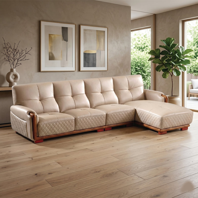 Plush beige l shape couch with wooden base l shape couch living room couch 5 seater smooth upholstery