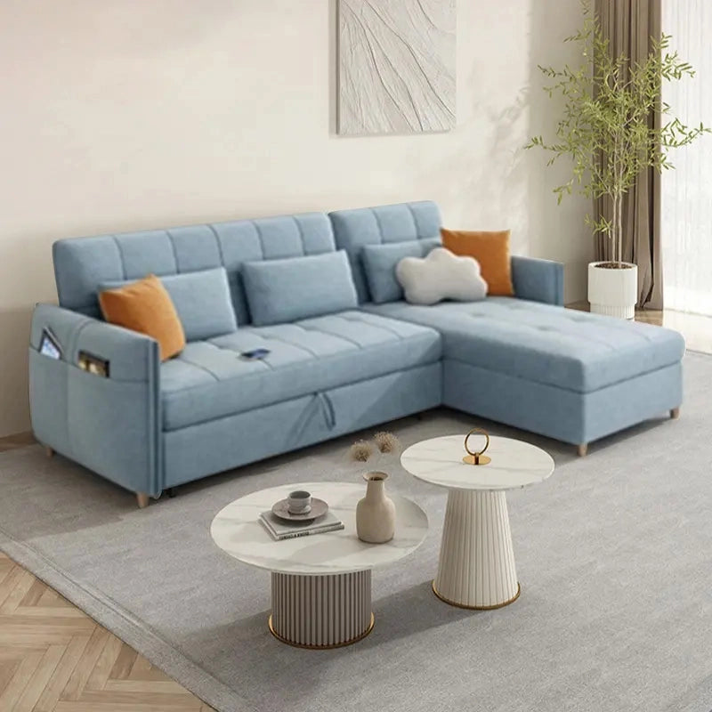 Full room placement photograph, l shape sofa cum bed, sleeper sofa, neutral fabric sectional layout