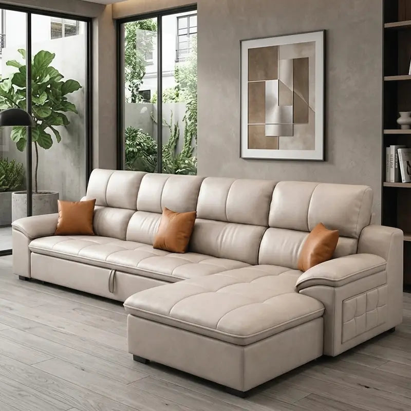 This convertible sofa bed features a smooth pull-out system