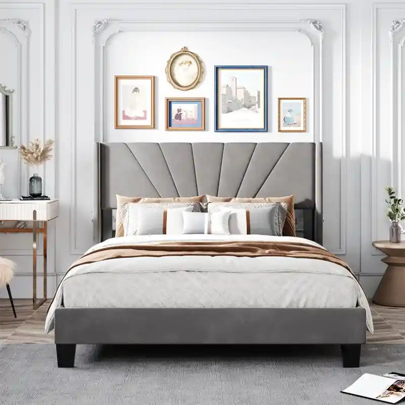 Featuring a premium bed frame with elegant fan-pattern stitching, this modern bed design