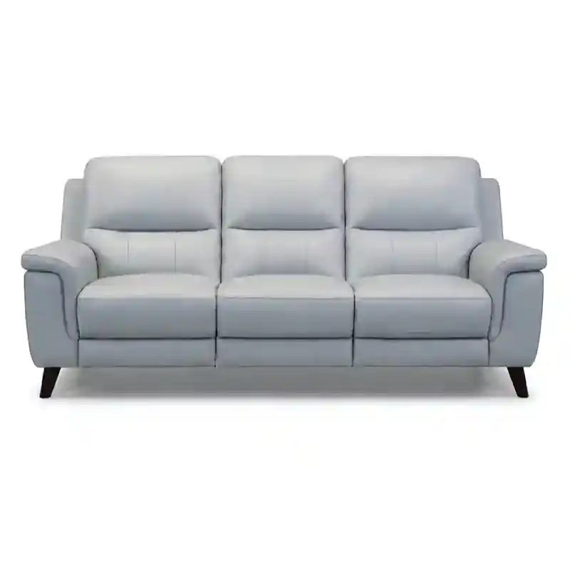 Crafted as a leather sofa, it features a smooth light grey finish, plush cushioning, and a built-in recliner that enhances everyday relaxation