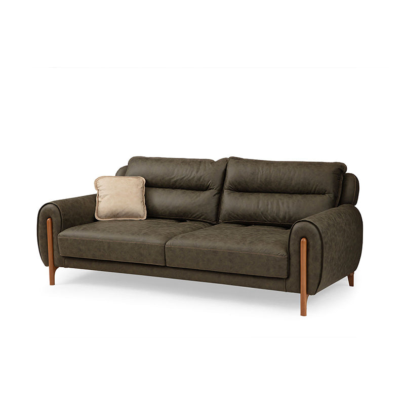 Olive green and beige palette enhances its luxury sofa appeal, while the fabric sofa finish