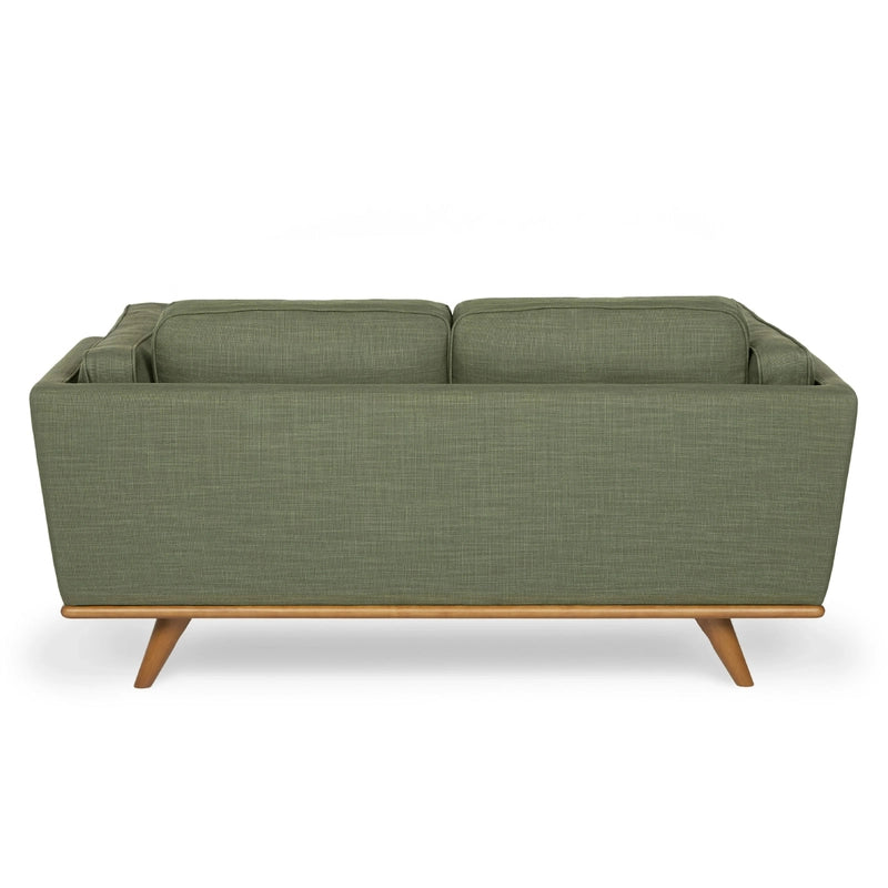 Built as a fabric sofa with a sturdy wooden base