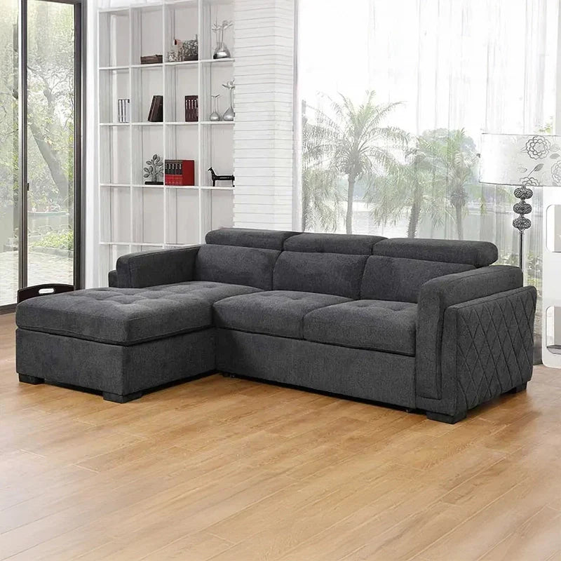 This custom crafted L-shape sofacumbed from Furnezo offers space-smart flexibility for modern Indian apartments.