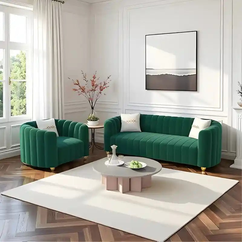 The velvet-look upholstery paired with gold-finish legs creates a sophisticated statement
