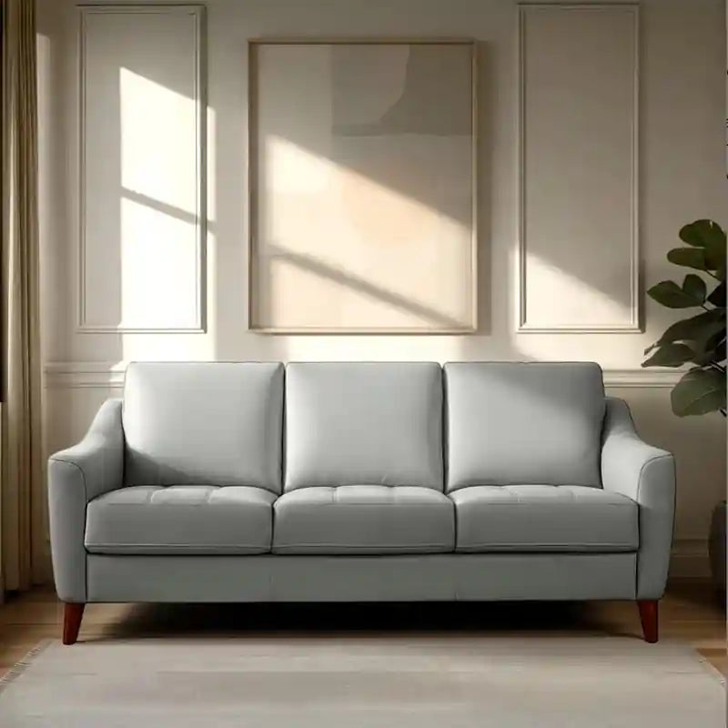 light grey upholstered sofa with tufted seats, modern sofa design stylish sofa design 3 seater fabric
