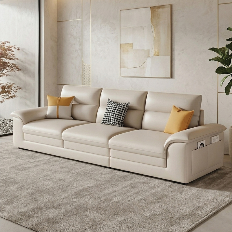 The deep seating, medium-high backrest, and rounded arms create an inviting couch