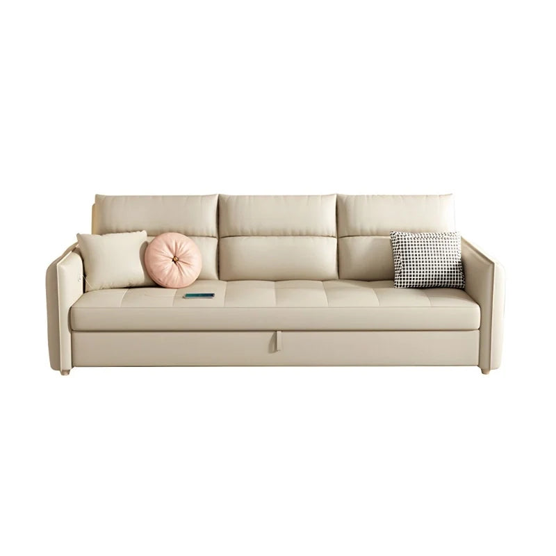 This beige faux leather L-shaped convertible couch offers a sleek fusion of functionality and style.