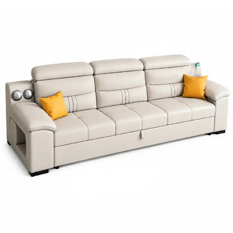 Upholstered in soft beige fabric, the sectional settee features tufted cushioning, adjustable headrests