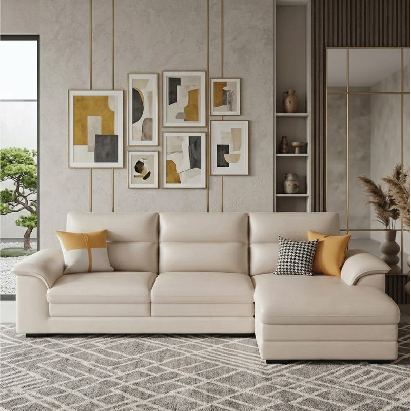 Clean panelled detailing and a low base reflect modern sofa design principles without feeling rigid