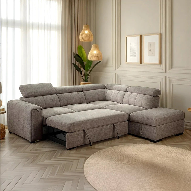 L shape sofa bed with hidden cup holder tray, chaise storage, adjustable headrests, textured grey fabric, and pull-out sofa bed function