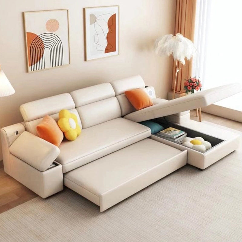 L shape sofa bed with charging panel, under-seat storage, pull-out sofa bed function, and compact sofa cum bed design