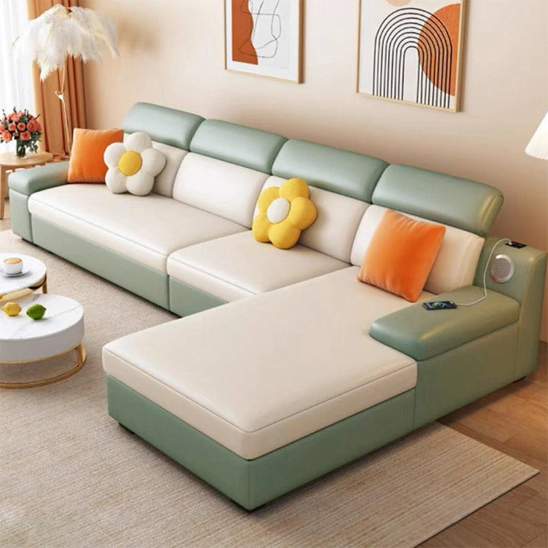 green L shape sofa bed with charging panel and compact sofa bed layout for modern homes