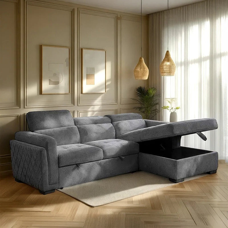 L shape sofa bed with chaise storage, pull-out sofa bed function, tufted seat detailing, padded arms, and compact sofa bed comfort