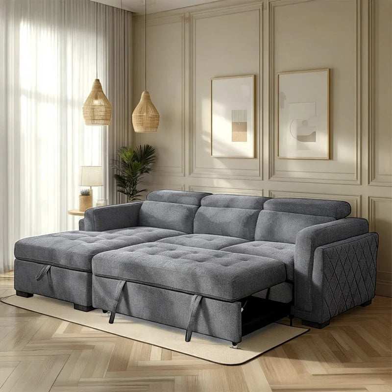 Sofa bed with storage chaise, L shape sofa bed layout, padded arms, low black block legs, and couch bed comfort for compact homes