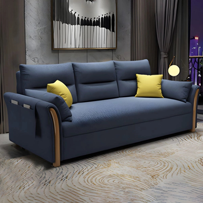 Pull-out sofa bed with wooden arm panels, sofa cam bed comfort, sofa cum bed function, side pocket storage, medium-firm cushioning, and compact straight design