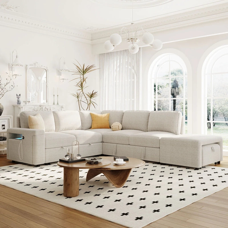 Sofa cam bed with storage, USB charging port, reversible chaise, pull-out sleeper mechanism, matching ottoman, and side pocket storage
