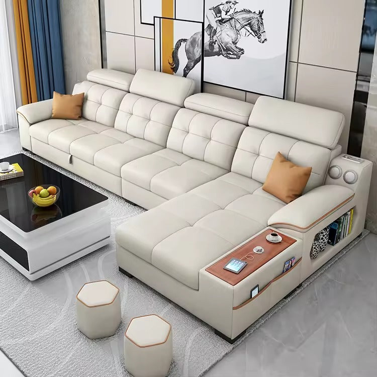 L shape sofa bed with storage drawer, side shelves, cup holder console, adjustable headrests, tufted cushions, and pull-out sofa bed function