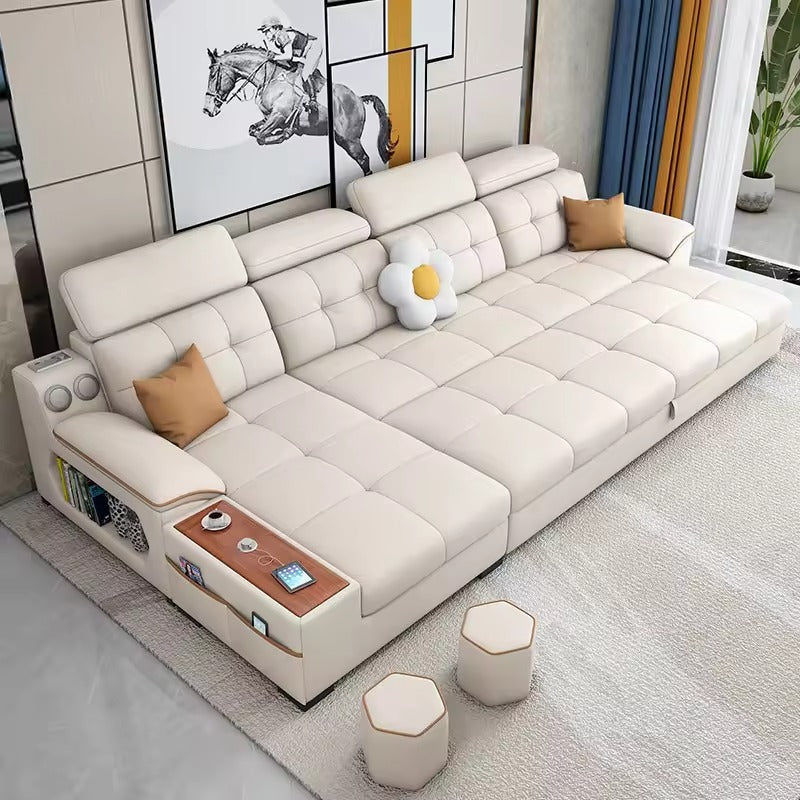Pull-out L shape sofa bed with extended chaise, storage drawer, sofa cum bed utility, couch bed comfort, wooden panel accents, and modern sofa bed design